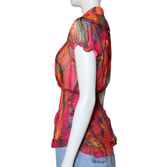 Vintage Y2K Apple Bottom Colorful Psychedelic Sheer Blouse Top Trashy2K M/L Pink - Picture 3 of 13